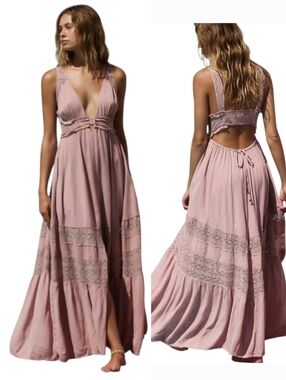 Free People Pink Lace Sexy Plunging Low-Cut Sleeveless Boho Hadlee Maxi Dress- M